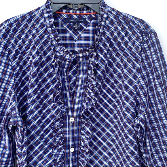 TOMMY HILFIGER Large Madras Plaid Top Blouse Button Ruffle 3/4 Sleeve Cotton - Picture 2 of 5